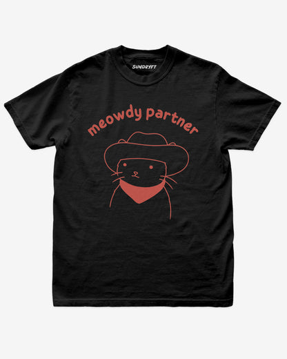 Meowdy Partner shirt in black with doodle graphic of cowboy cat