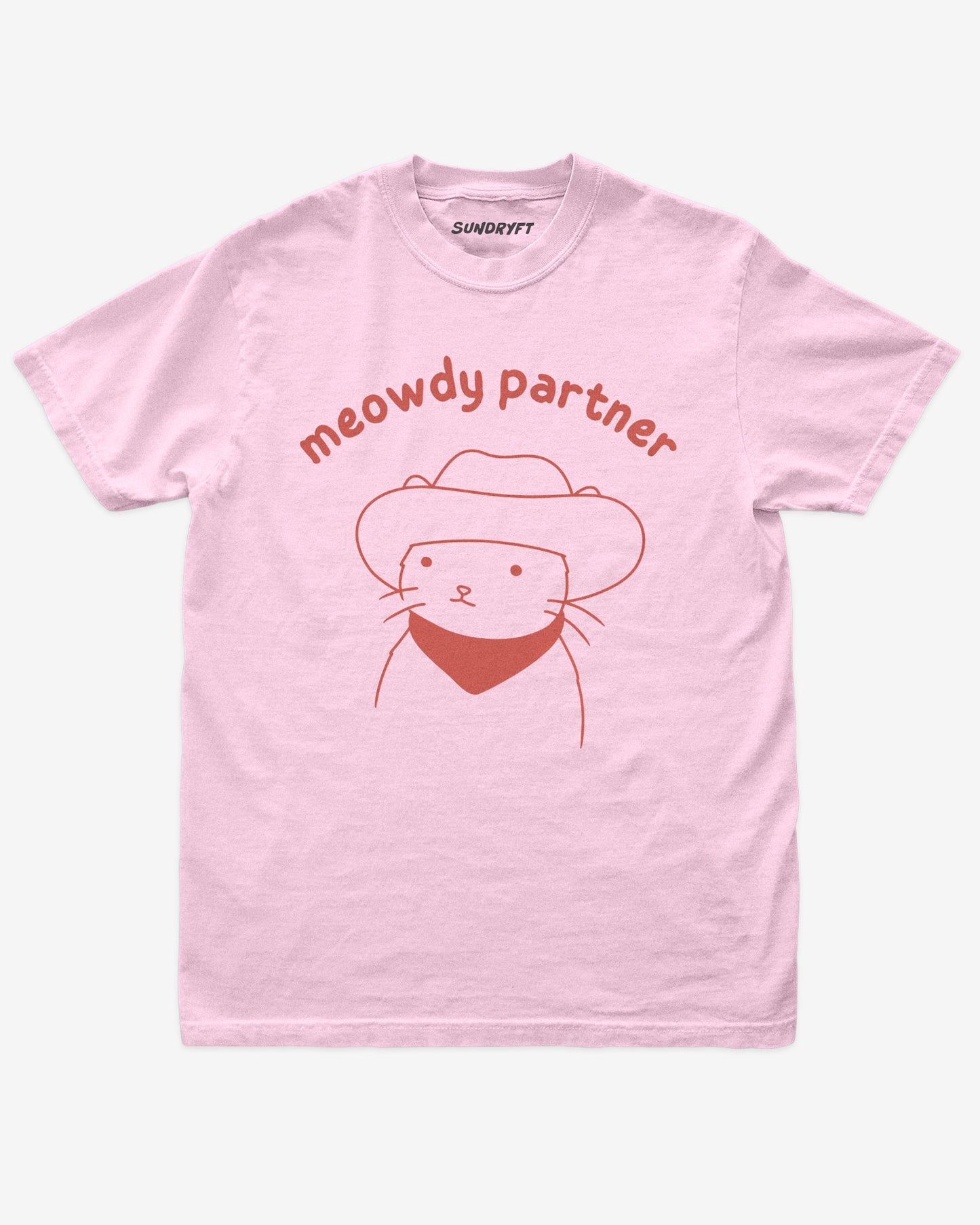 Meowdy Partner shirt in blossom with doodle graphic of cowboy cat