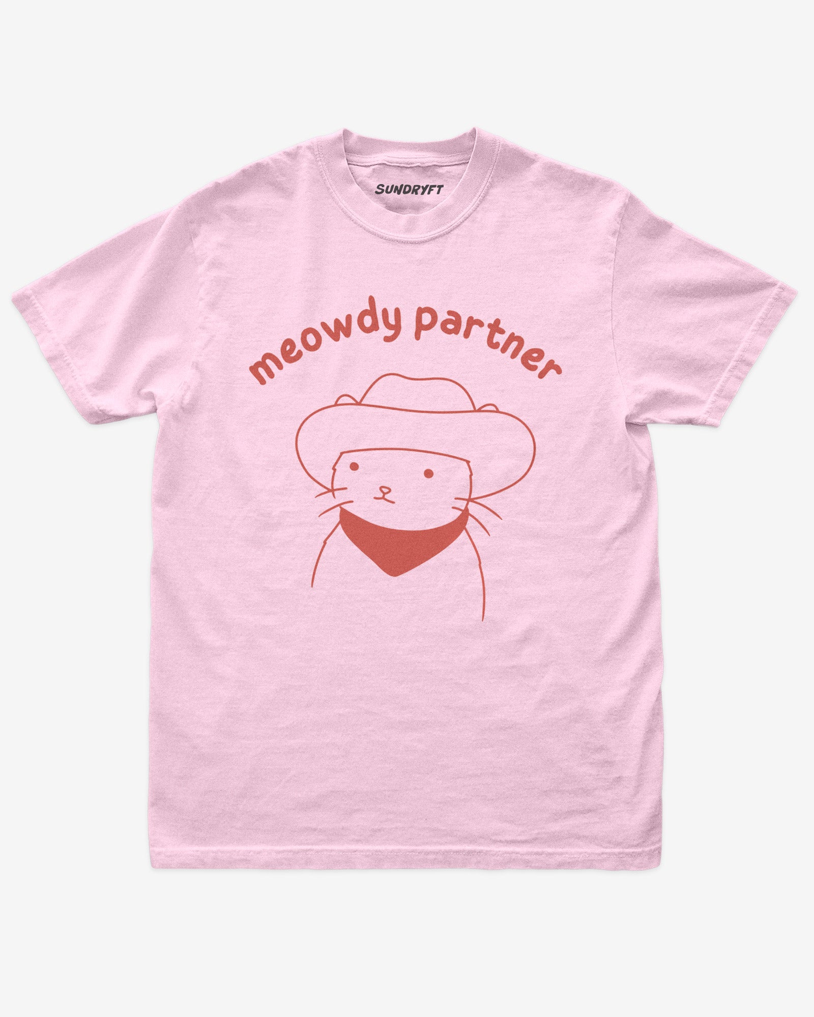 Meowdy Partner shirt in blossom with doodle graphic of cowboy cat