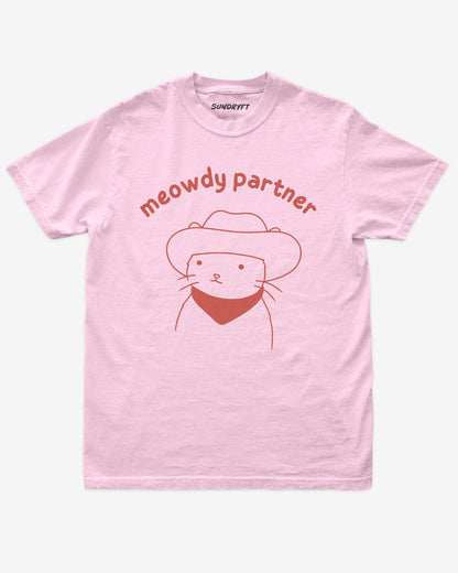 Meowdy Partner shirt in blossom with doodle graphic of cowboy cat