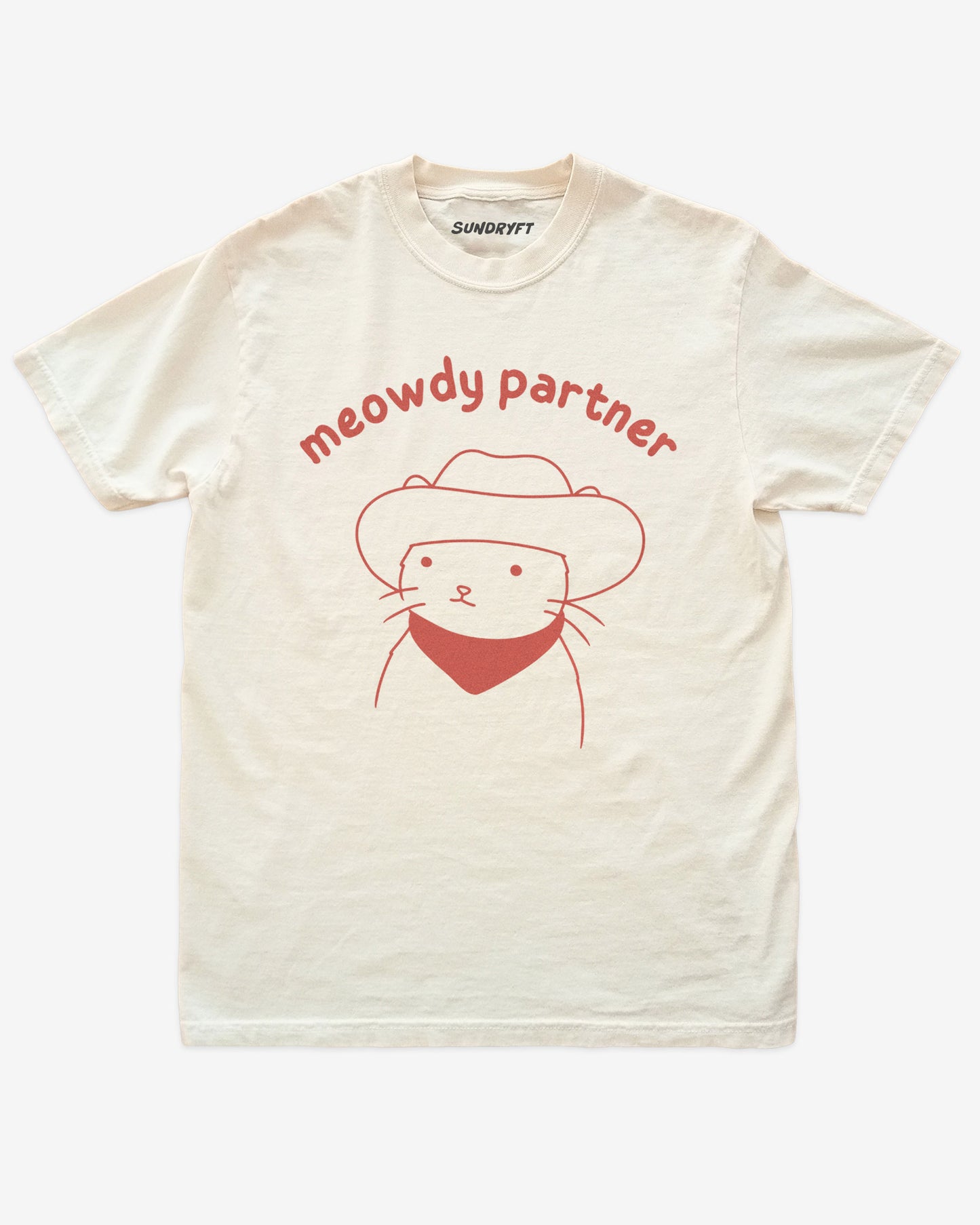 Meowdy Partner shirt in ivory with doodle graphic of cowboy cat