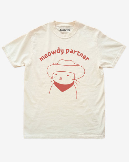 Meowdy Partner shirt in ivory with doodle graphic of cowboy cat