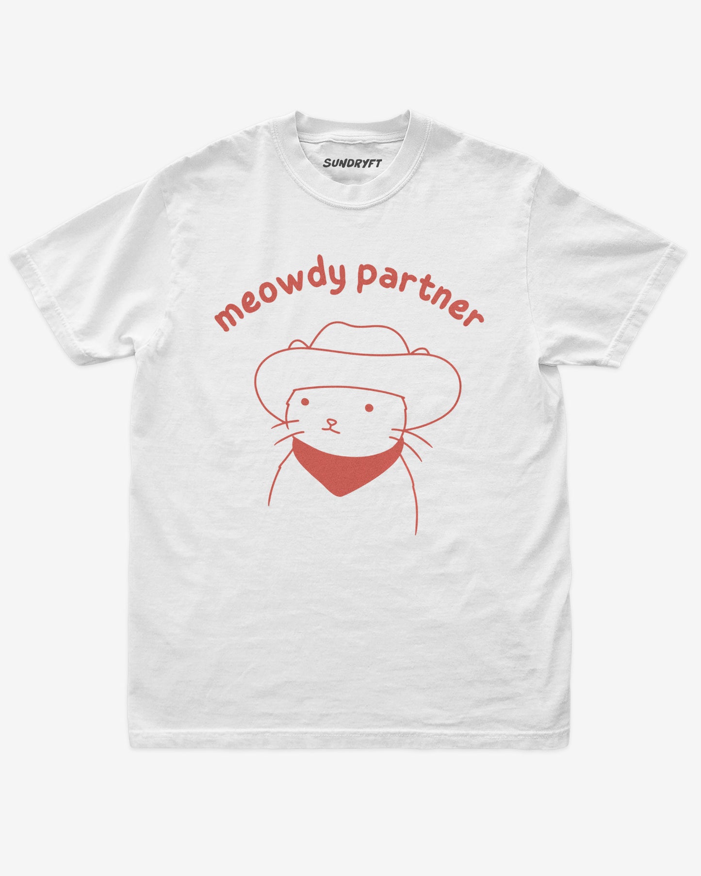 Meowdy Partner shirt in white with doodle graphic of cowboy cat