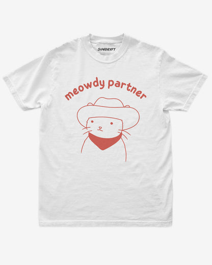 Meowdy Partner shirt in white with doodle graphic of cowboy cat