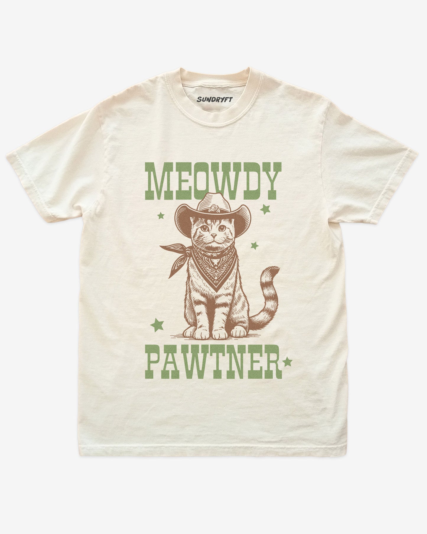 Meowdy Pawtner shirt in ivory with retro graphic of western cowboy cat