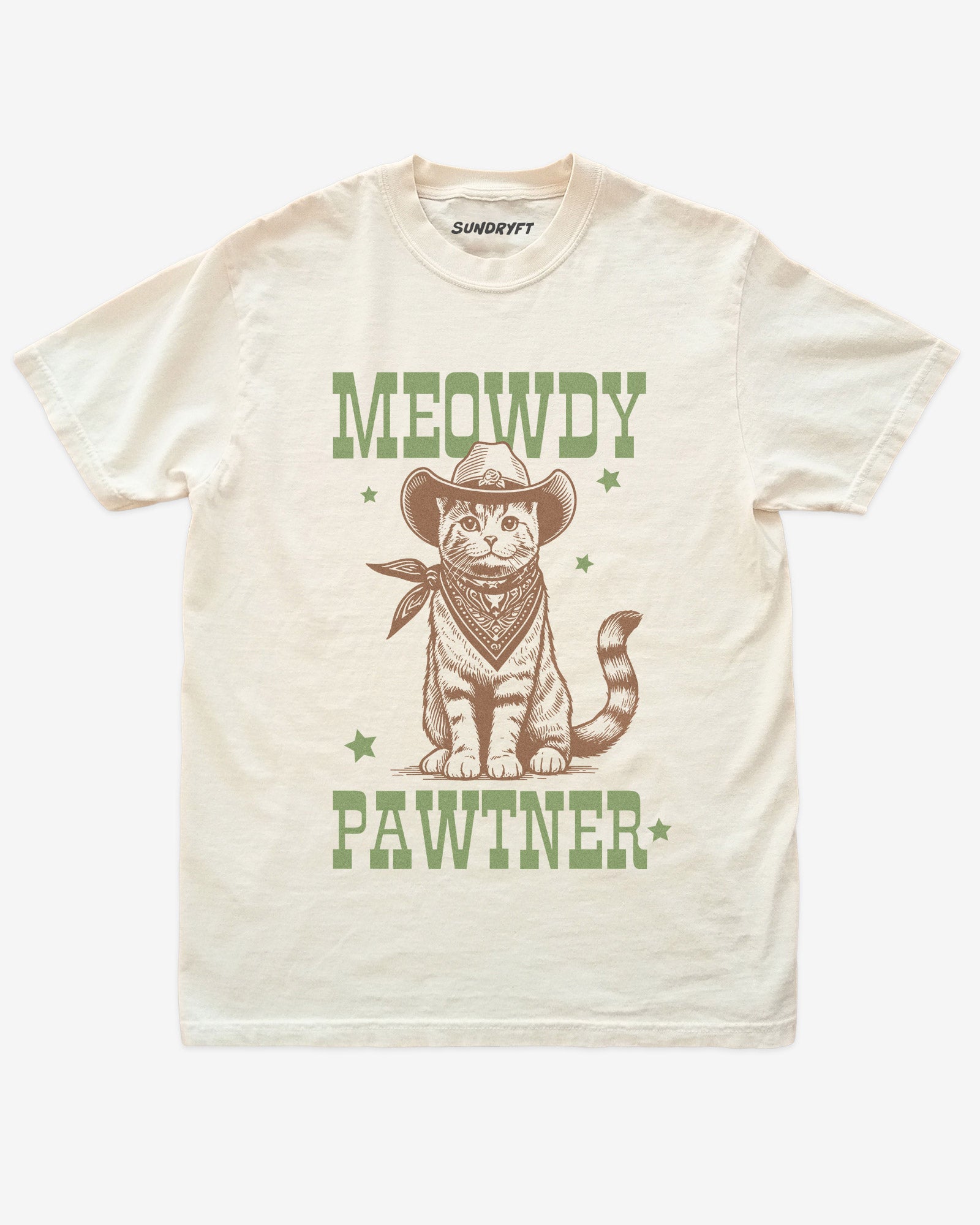Meowdy Pawtner shirt in ivory with retro graphic of western cowboy cat