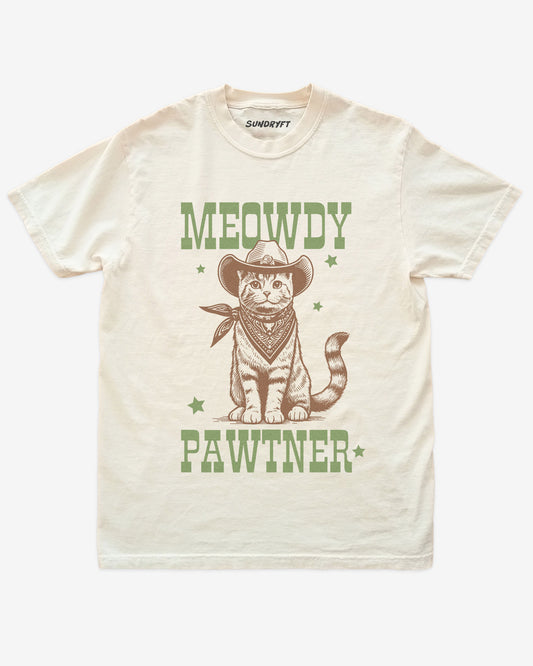 Meowdy Pawtner shirt in ivory with retro graphic of western cowboy cat