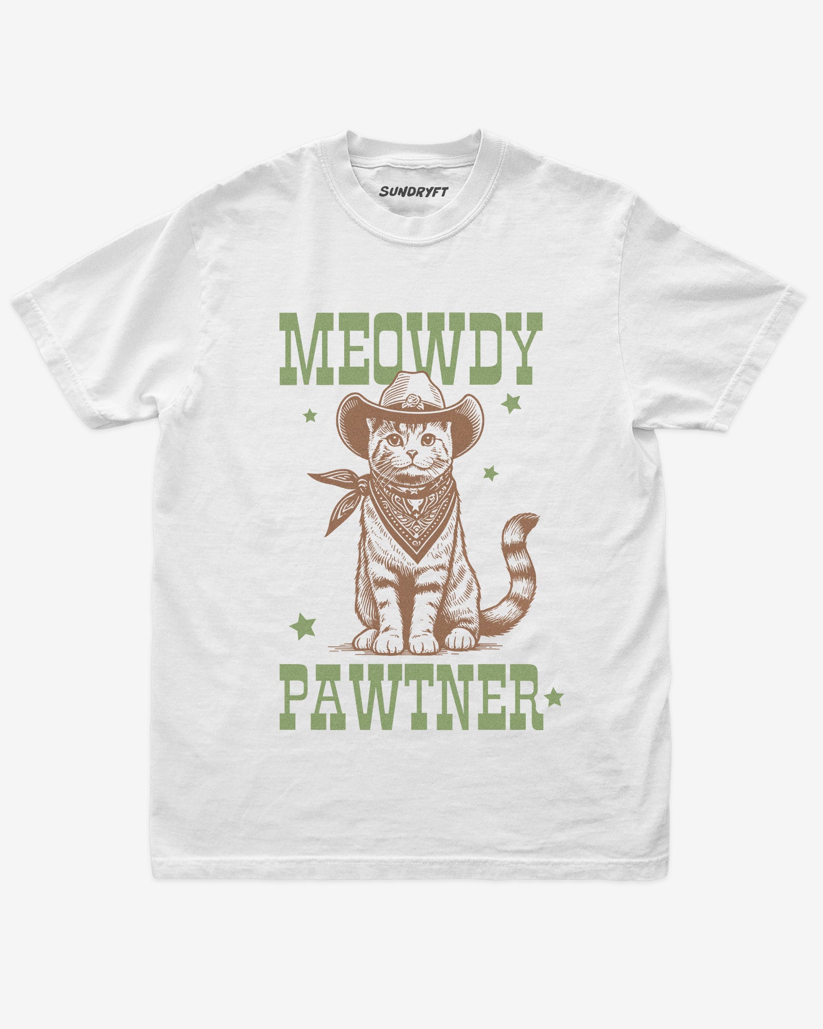 Meowdy Pawtner shirt in white with retro graphic of western cowboy cat