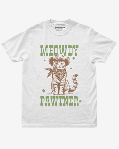 Meowdy Pawtner shirt in white with retro graphic of western cowboy cat