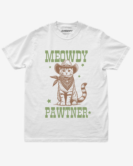Meowdy Pawtner shirt in white with retro graphic of western cowboy cat
