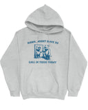 Flat lay ash-colored hoodie with a funny retro bear graphic and the quote 'Damn, Might Have To Call In Thicc Today'.