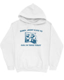 Flat lay white-colored hoodie with a funny retro bear graphic and the quote 'Damn, Might Have To Call In Thicc Today'.