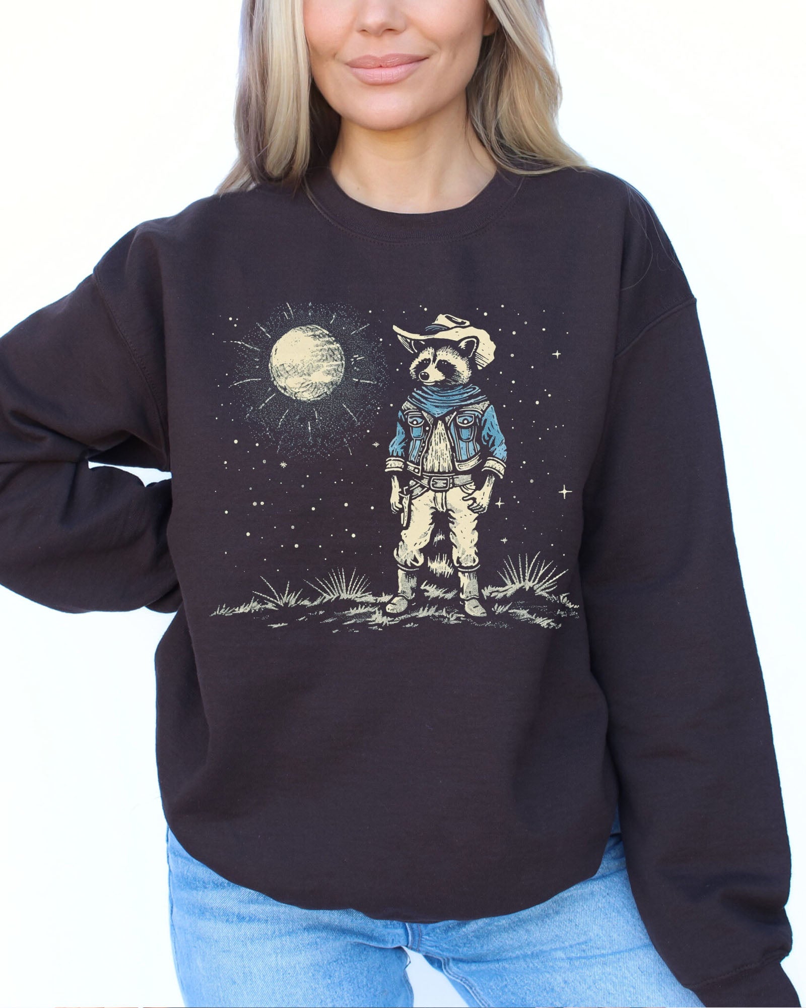 Moonlit Cowboy Raccoon Sweatshirt - Dark Chocolate