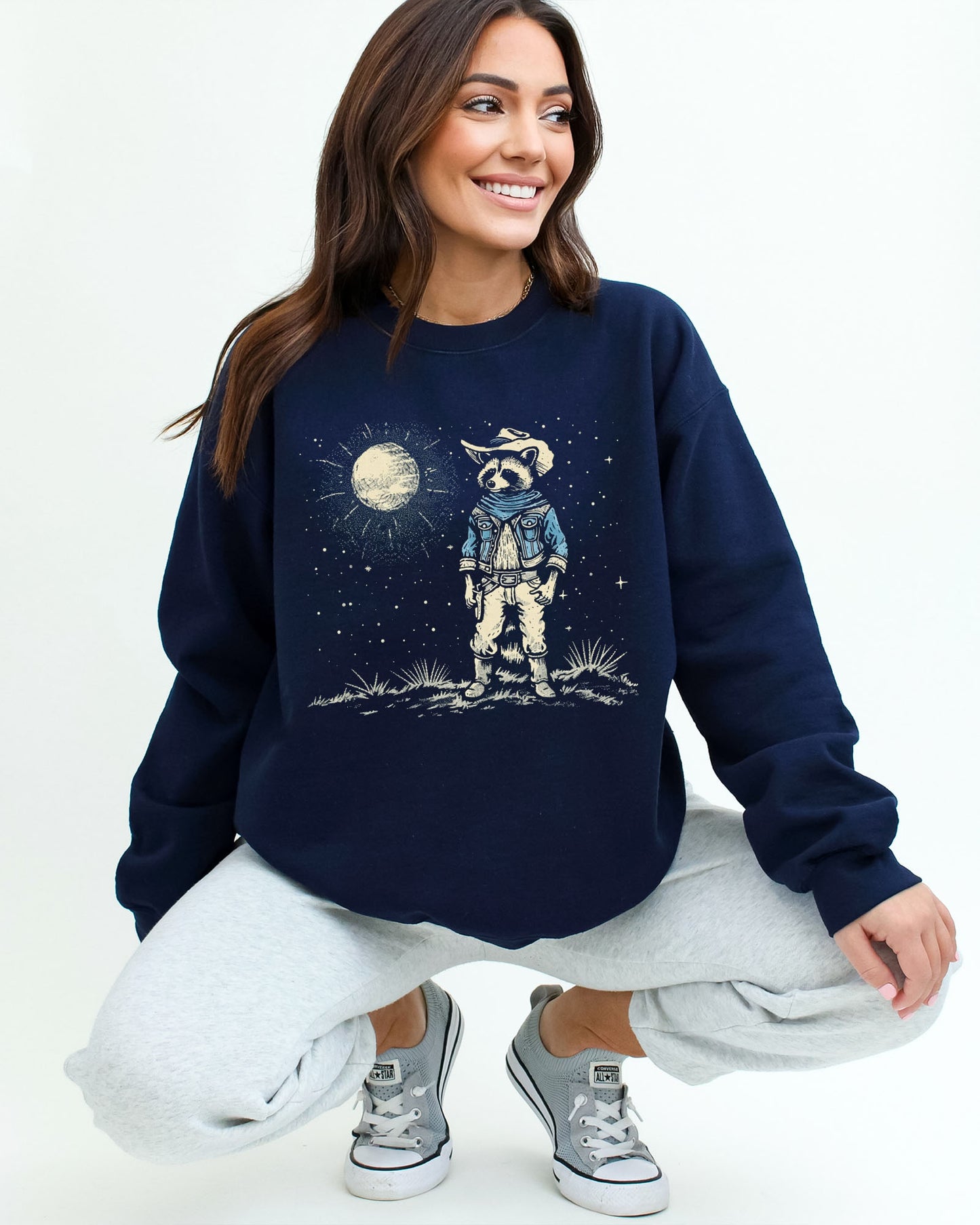 Moonlit Cowboy Raccoon Sweatshirt - Navy