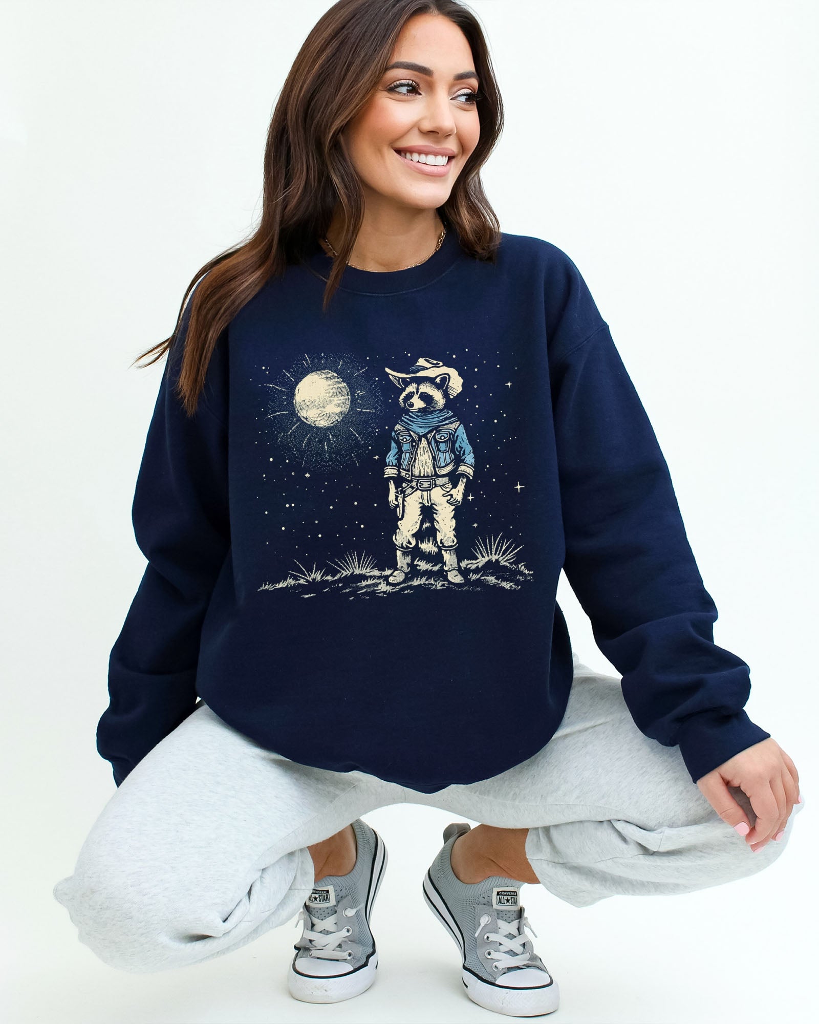 Moonlit Cowboy Raccoon Sweatshirt - Navy
