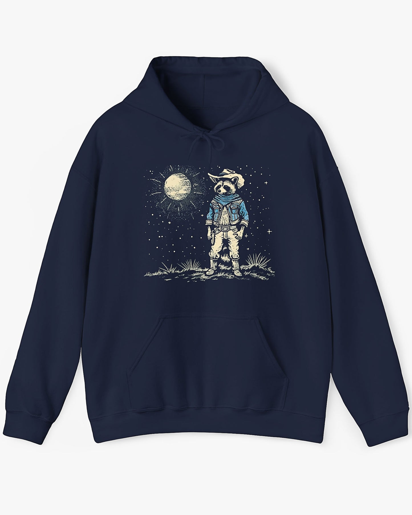 Flat lay navy blue hoodie featuring a retro Wild West graphic of a cowboy raccoon standing under a moonlit desert sky. The vintage-style design pops against the dark fabric.