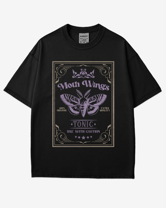 Moth Wings Tonic Shirt in black with retro potion label moth graphic