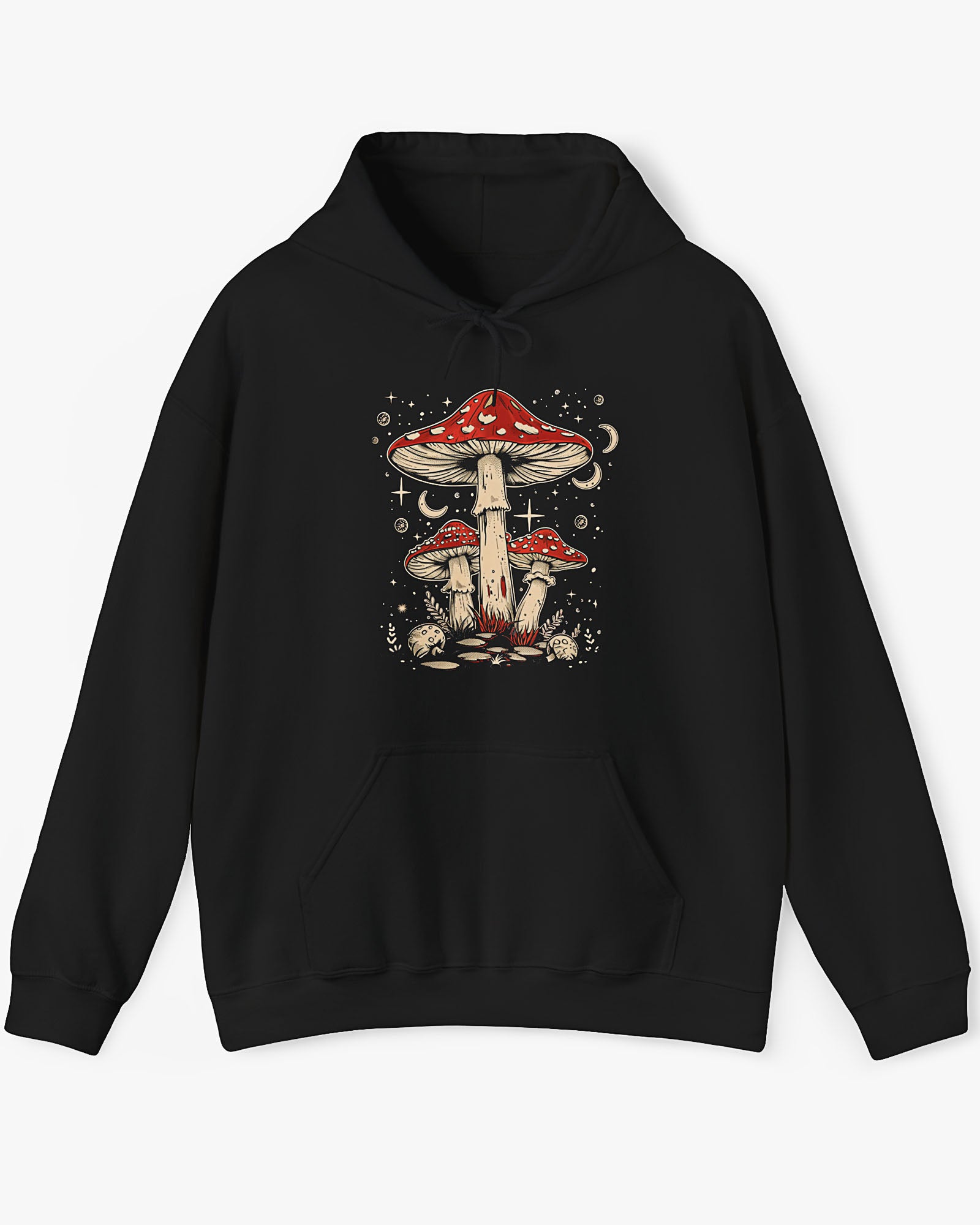 Flat lay black hoodie featuring a retro mushroom graphic with a starry night sky background.
