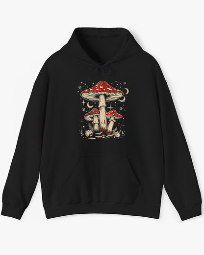 Flat lay black hoodie featuring a retro mushroom graphic with a starry night sky background.
