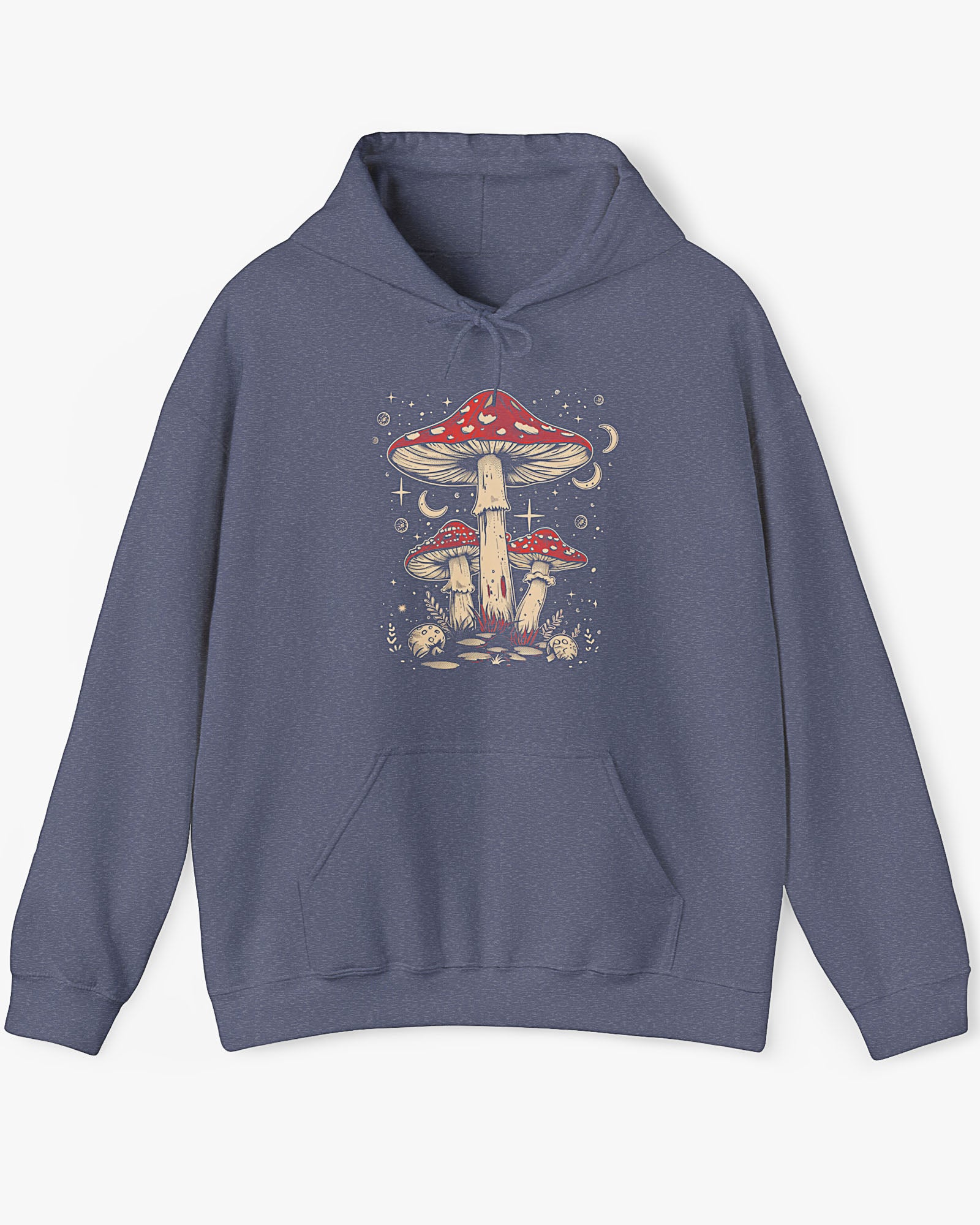 Flat lay heather navy hoodie featuring a retro mushroom graphic with a starry night sky background.
