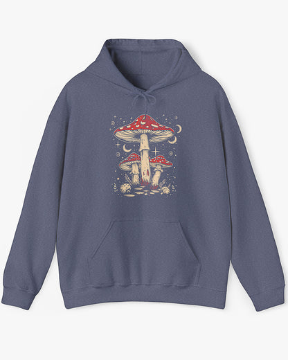 Flat lay heather navy hoodie featuring a retro mushroom graphic with a starry night sky background.