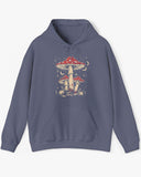 Flat lay heather navy hoodie featuring a retro mushroom graphic with a starry night sky background.