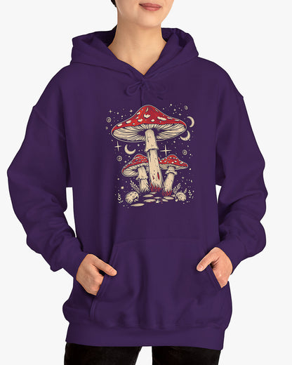 Woman wearing a purple hoodie featuring a retro mushroom graphic with a starry night sky background.