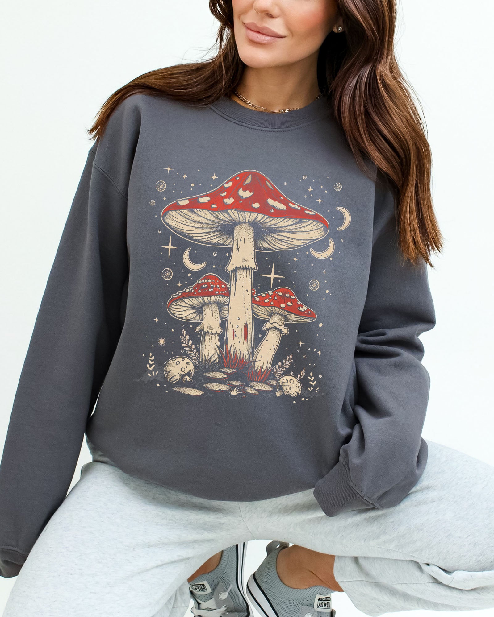 Mushrooms Night Sky Sweatshirt - Charcoal