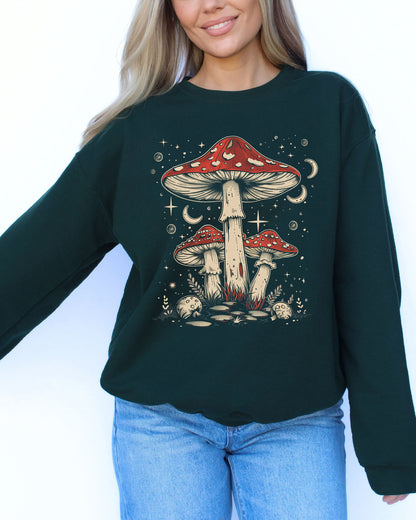 Mushrooms Night Sky Sweatshirt - Forest Green