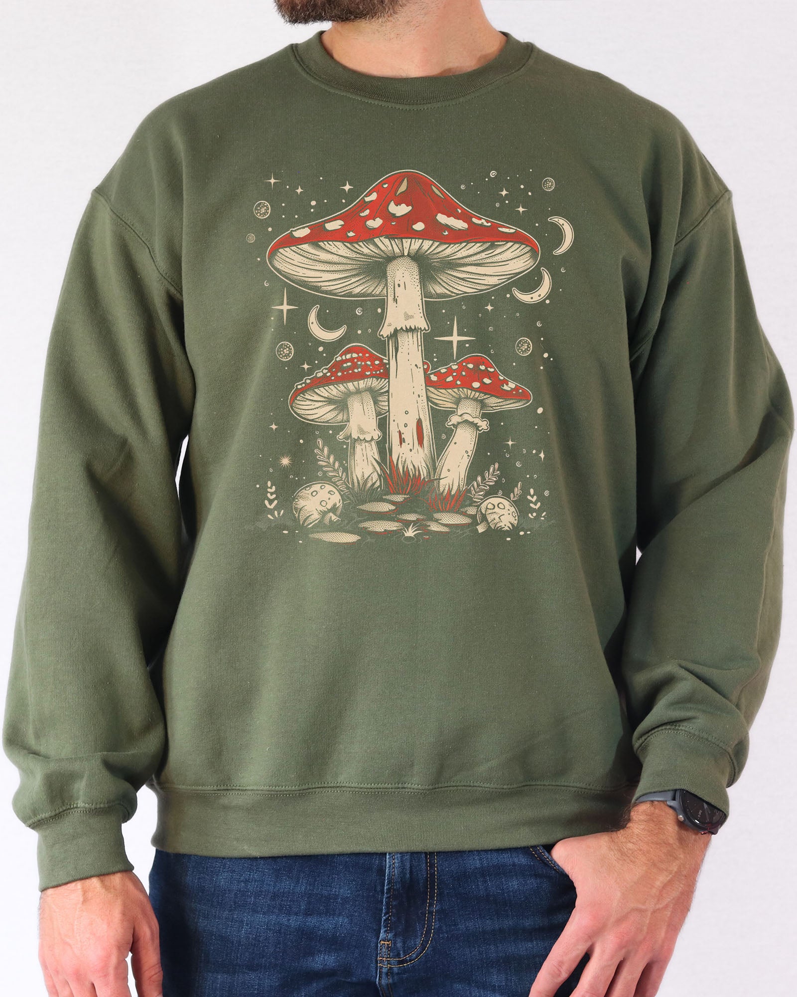 Mushrooms Night Sky Sweatshirt - Military Green