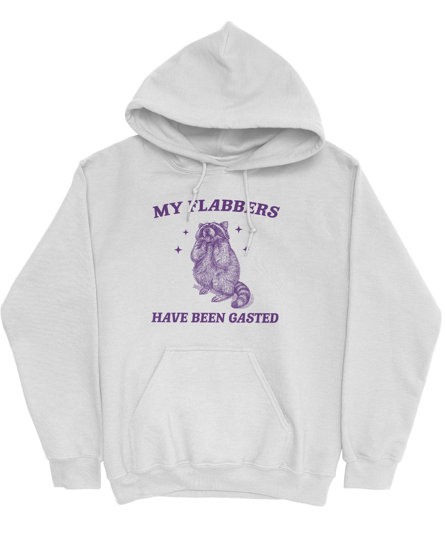 Flat lay of an ash gray 'My Flabbers Have Been Gasted' hoodie featuring a funny retro raccoon freaking out graphic.