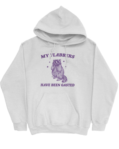 Flat lay of an ash gray 'My Flabbers Have Been Gasted' hoodie featuring a funny retro raccoon freaking out graphic.