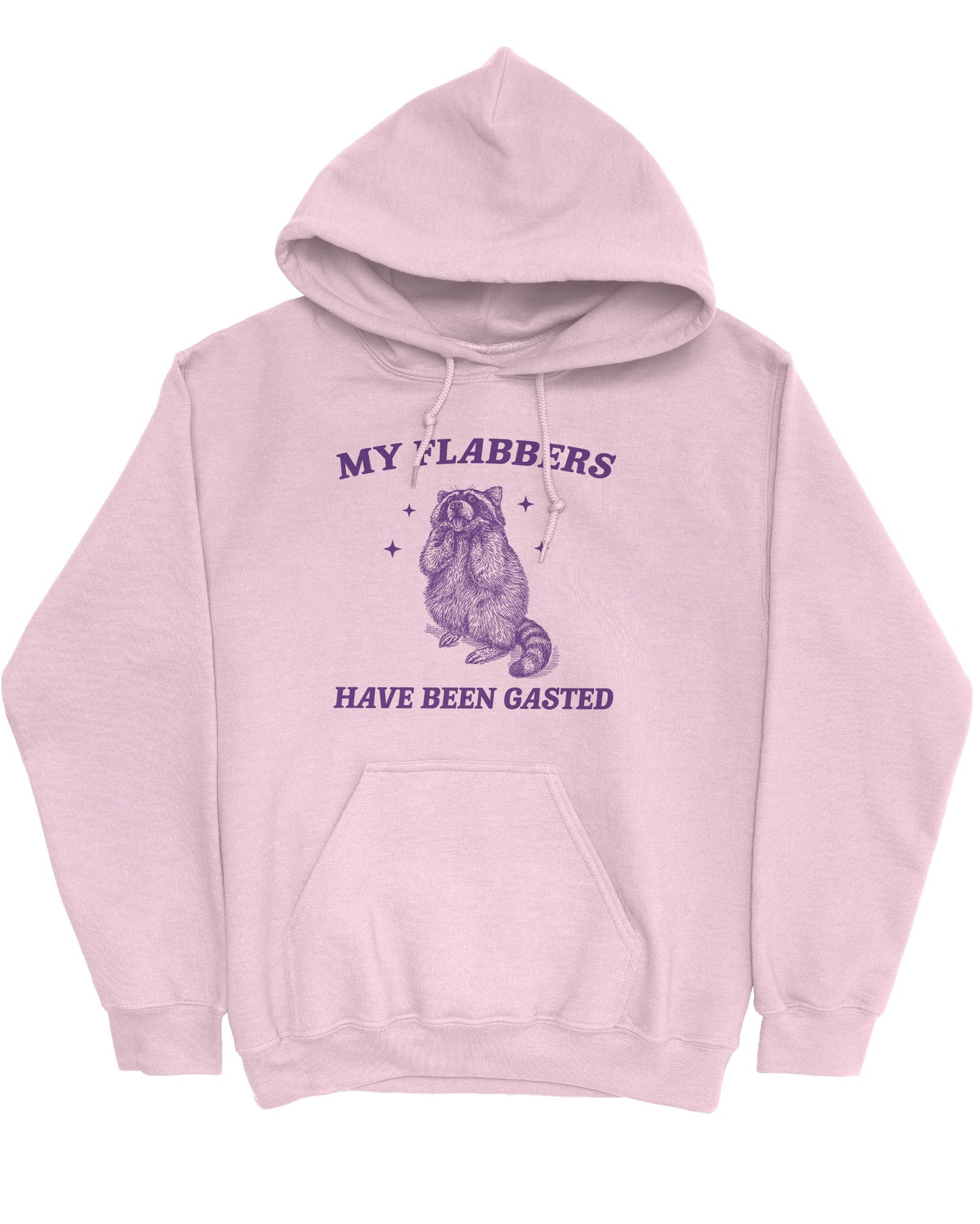 Flat lay of a light pink 'My Flabbers Have Been Gasted' hoodie featuring a funny retro raccoon freaking out graphic.