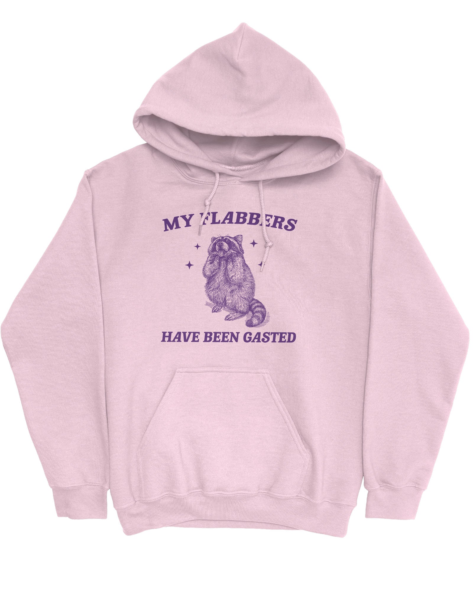 Flat lay of a light pink 'My Flabbers Have Been Gasted' hoodie featuring a funny retro raccoon freaking out graphic.