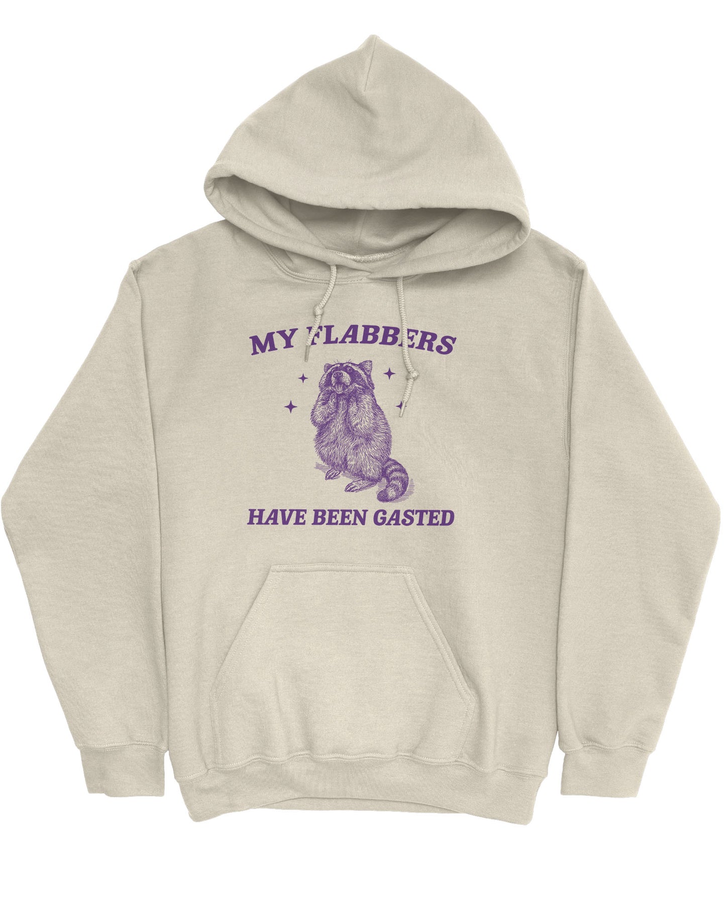 Flat lay of a sand beige 'My Flabbers Have Been Gasted' hoodie featuring a funny retro raccoon freaking out graphic.