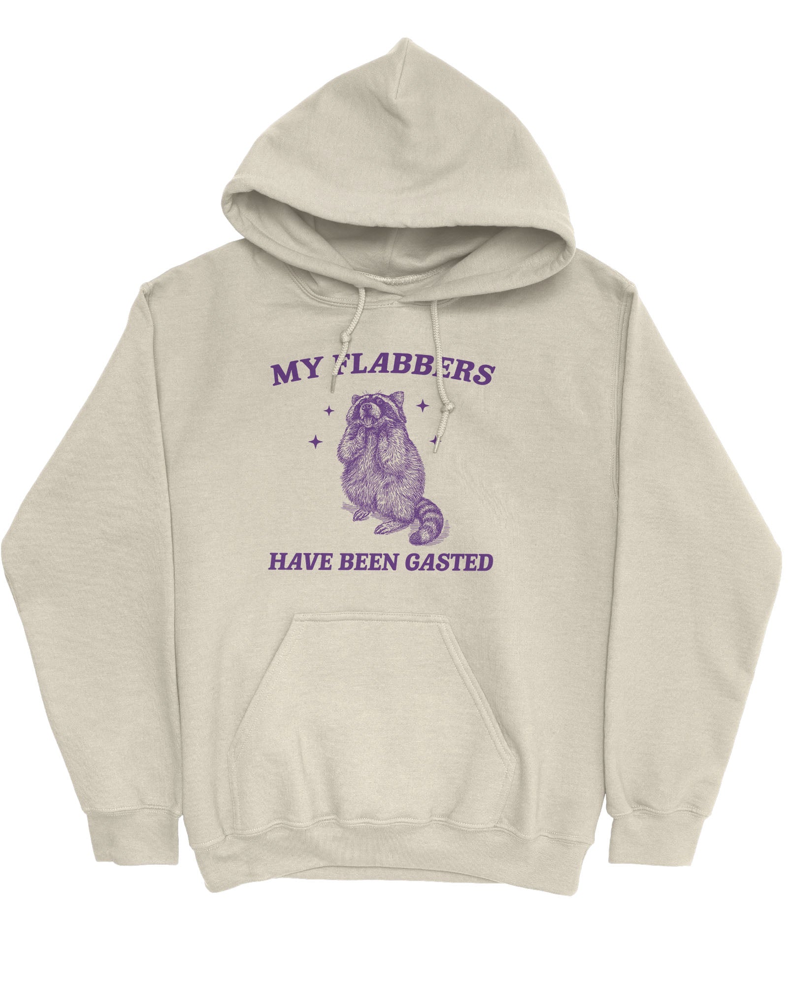 Flat lay of a sand beige 'My Flabbers Have Been Gasted' hoodie featuring a funny retro raccoon freaking out graphic.