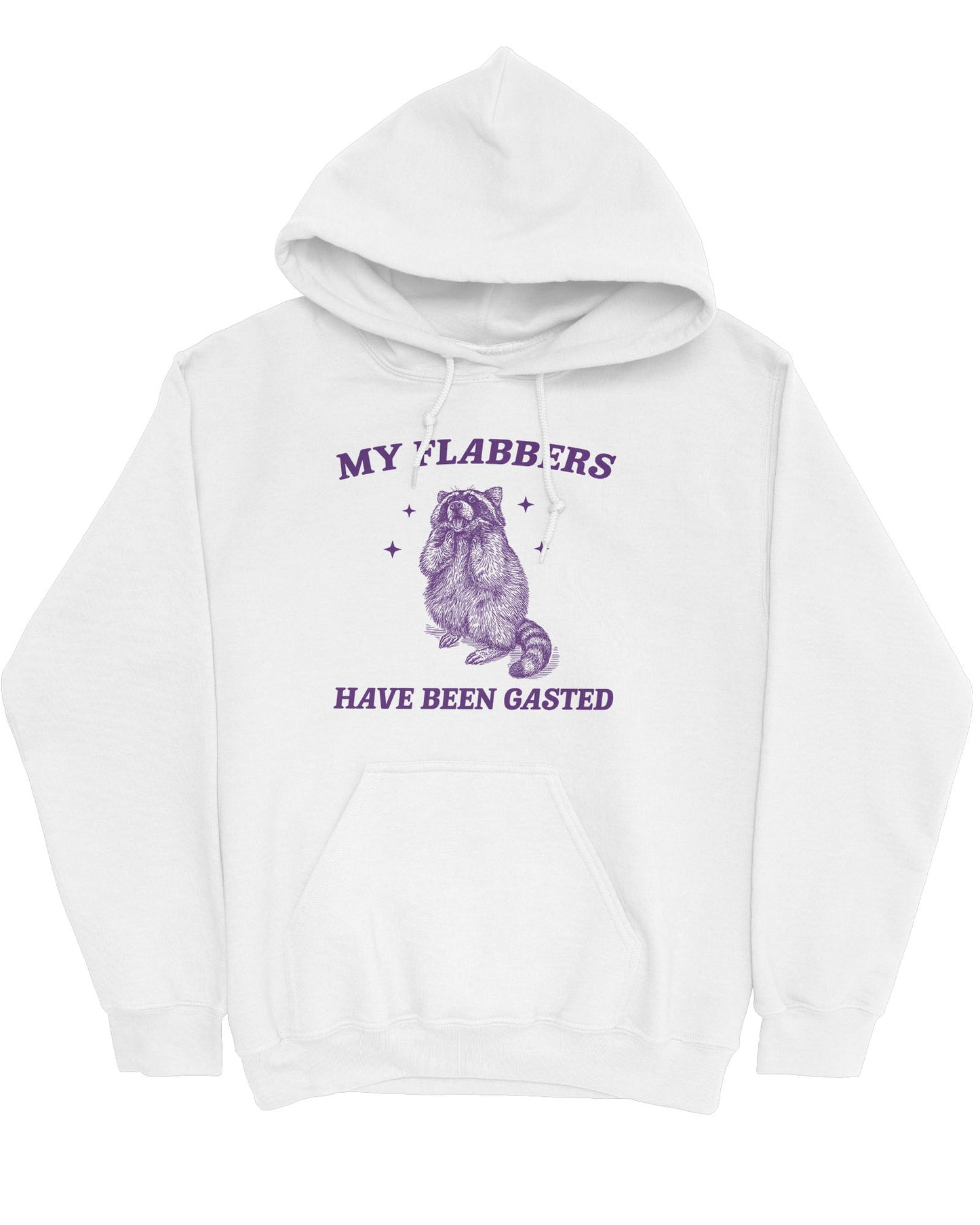 Flat lay of a white 'My Flabbers Have Been Gasted' hoodie featuring a funny retro raccoon freaking out graphic.