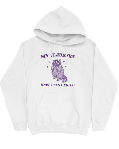 Flat lay of a white 'My Flabbers Have Been Gasted' hoodie featuring a funny retro raccoon freaking out graphic.