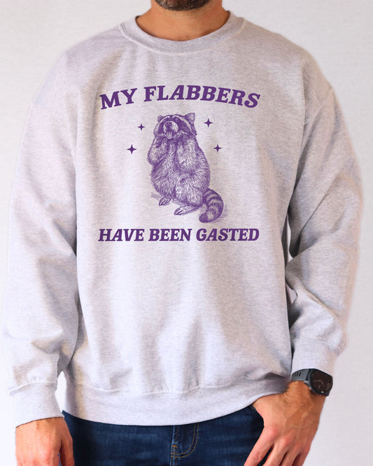 Man wearing an ash gray sweatshirt with a funny retro flabbergasted raccoon graphic and the quote 'My Flabbers Have Been Gasted'.