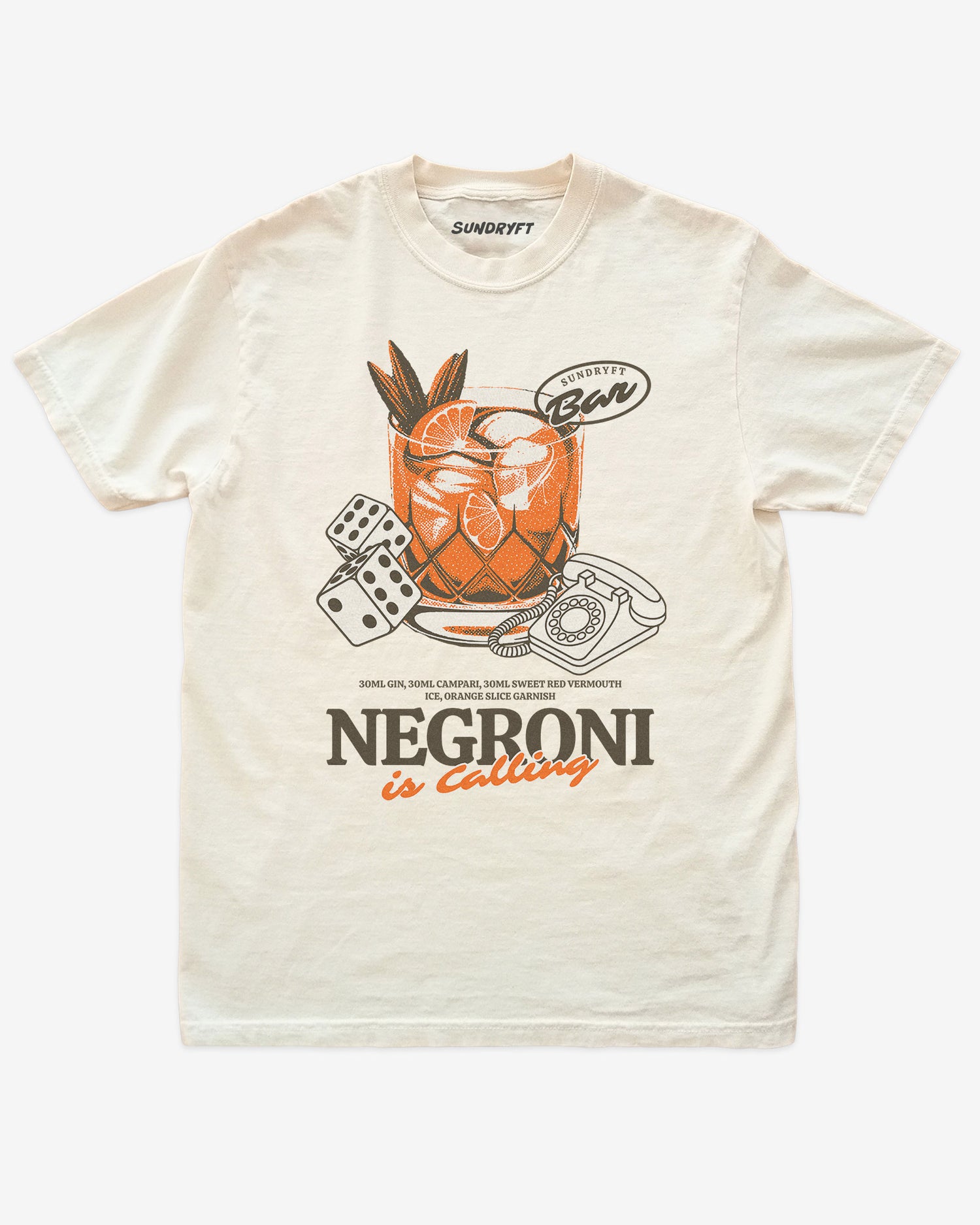 Negroni Is Calling shirt in ivory with retro graphic of negroni drink and telephone