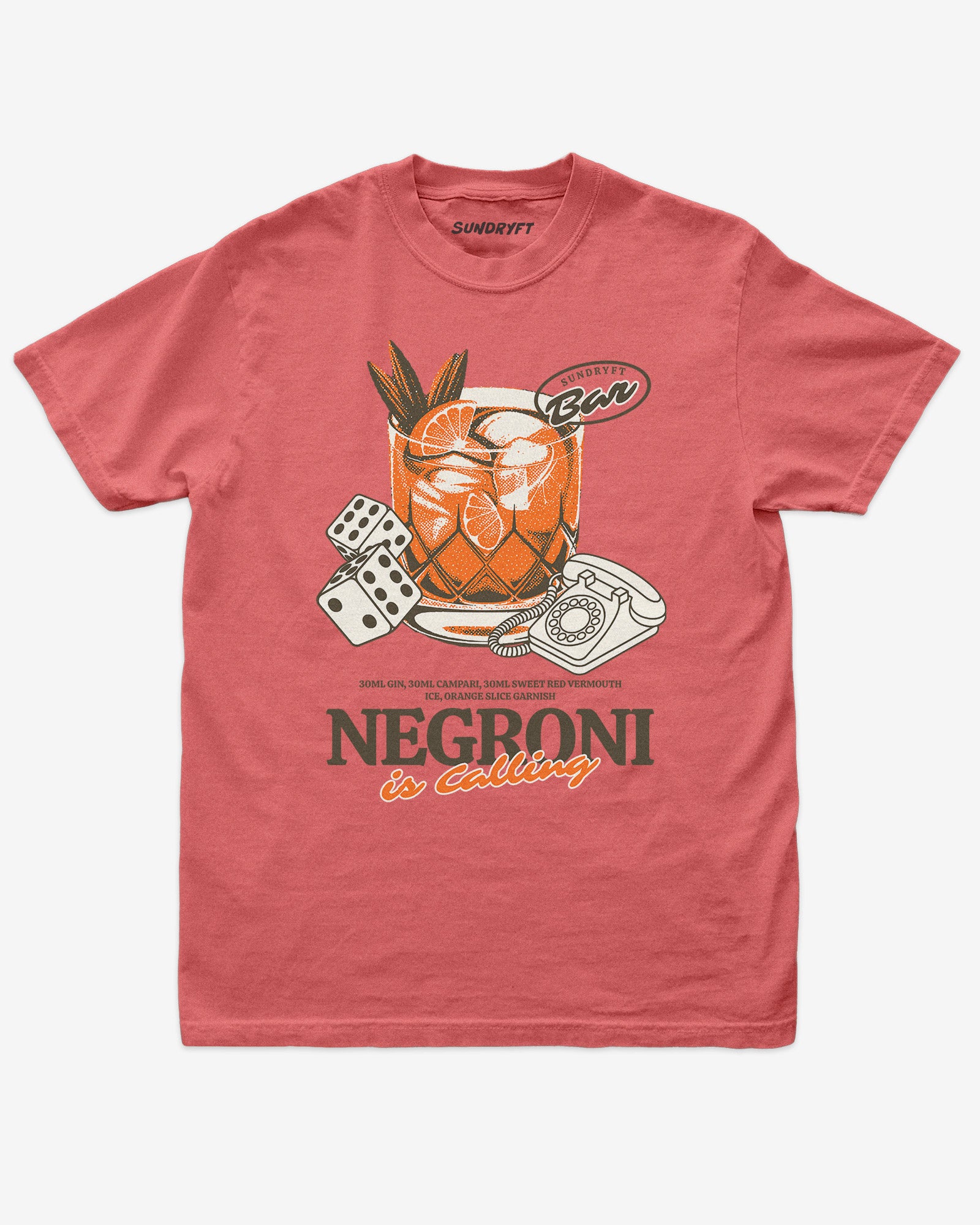 Negroni Is Calling shirt in watermelon color with retro graphic of negroni drink and telephone