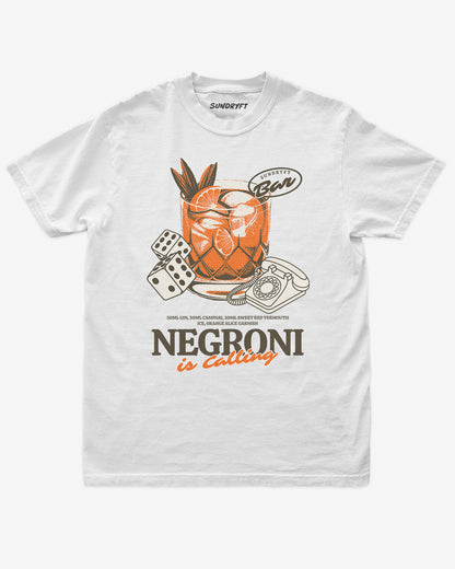 Negroni Is Calling shirt in white with retro graphic of negroni drink and telephone