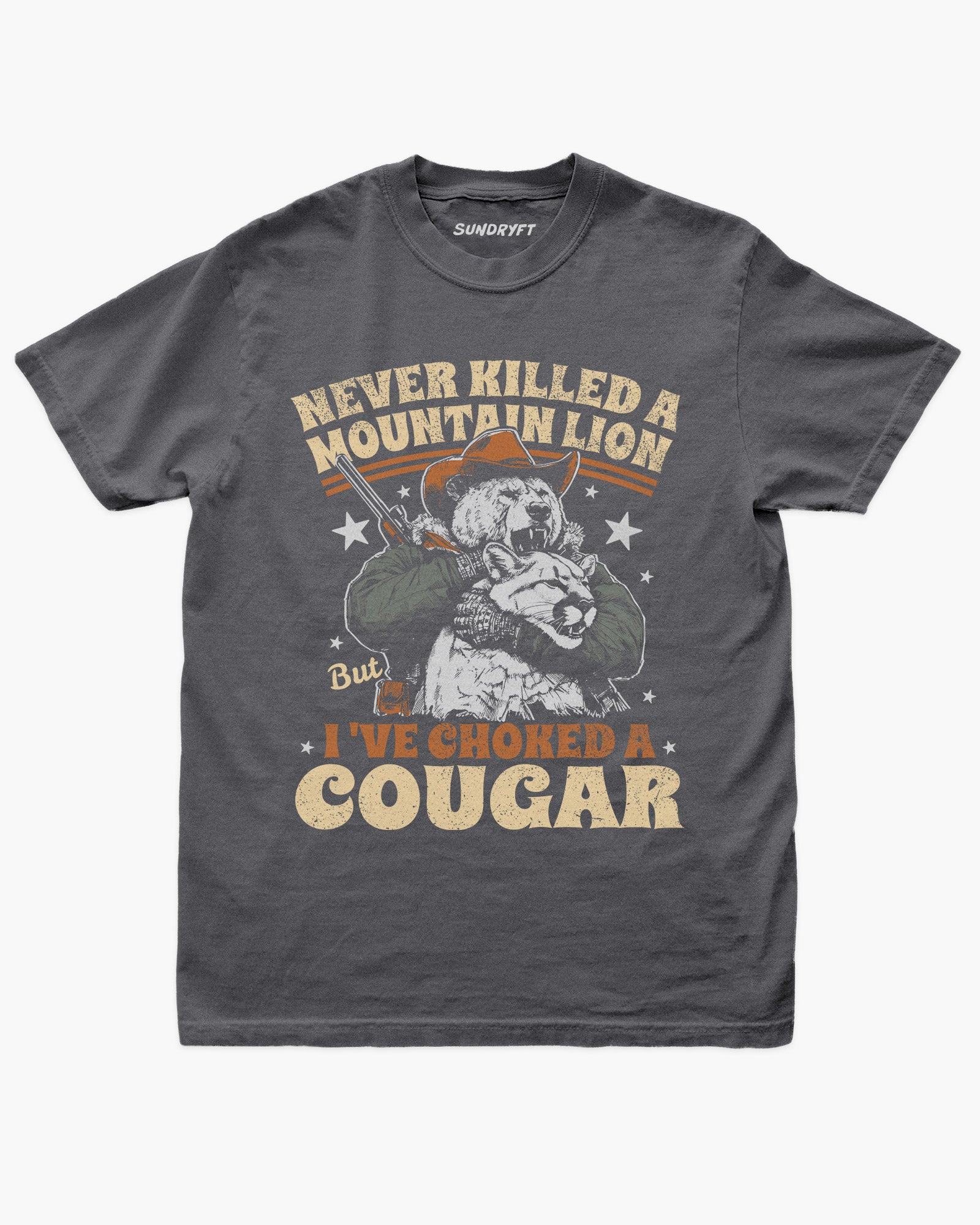 Never Killed A Mountain Lion But I've Choked A Cougar shirt in pepper