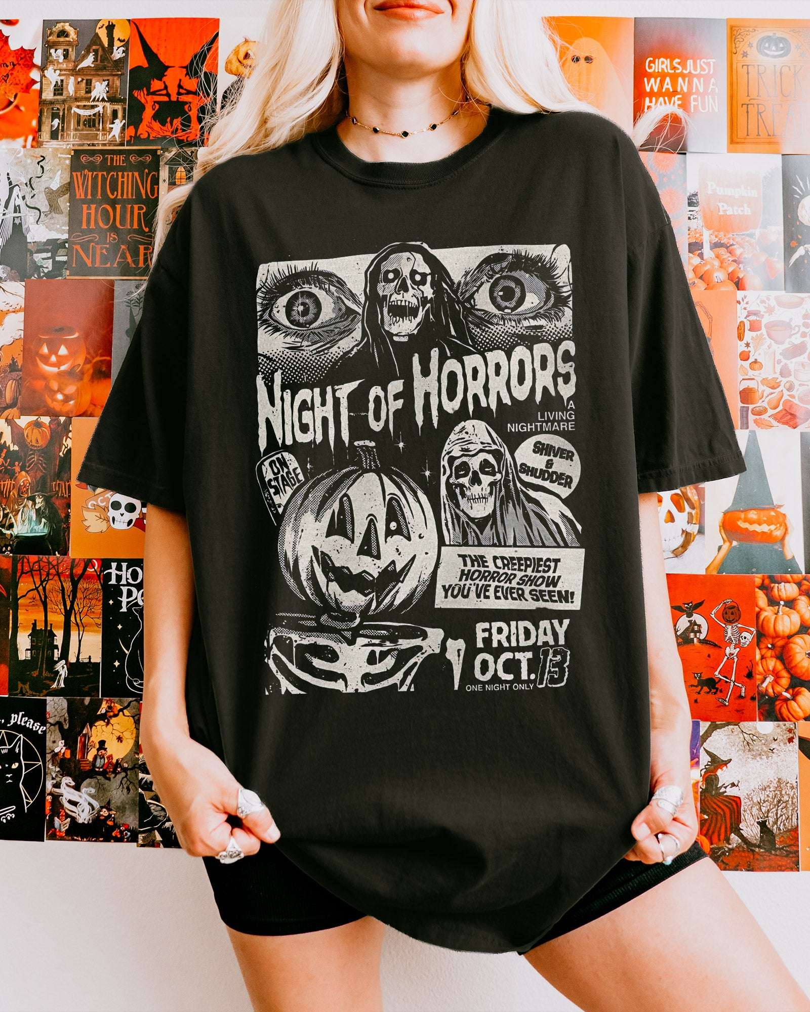 Woman wearing Night of Horrors Shirt in pepper – retro Halloween graphic tee with creepy horror show design, unisex cotton spooky outfit