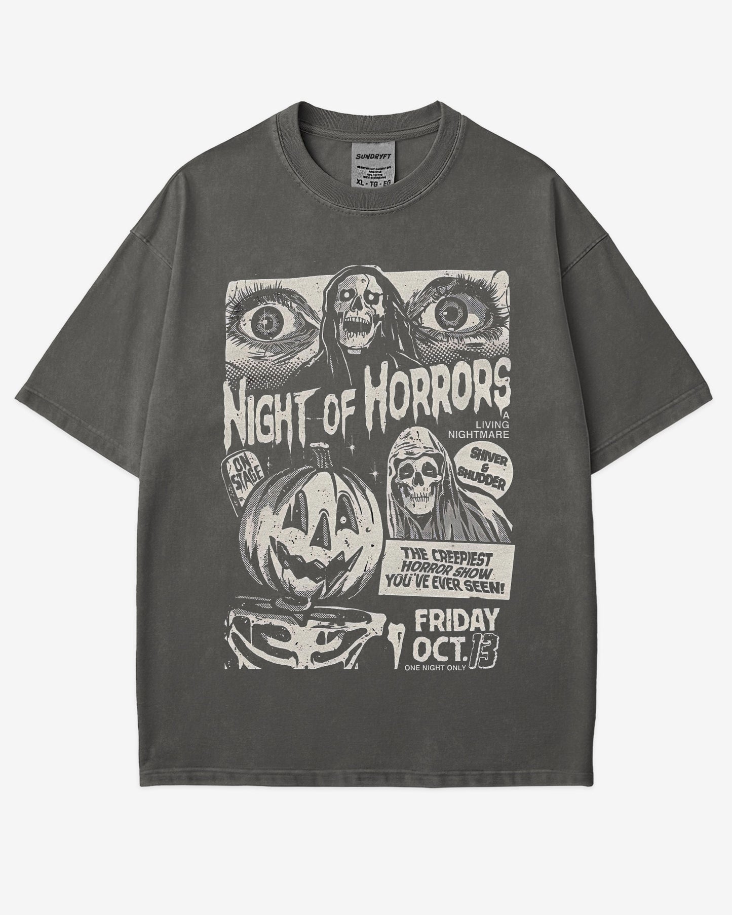 Night of Horrors Shirt in pepper – retro Halloween graphic tee with creepy horror show design, unisex cotton spooky outfit