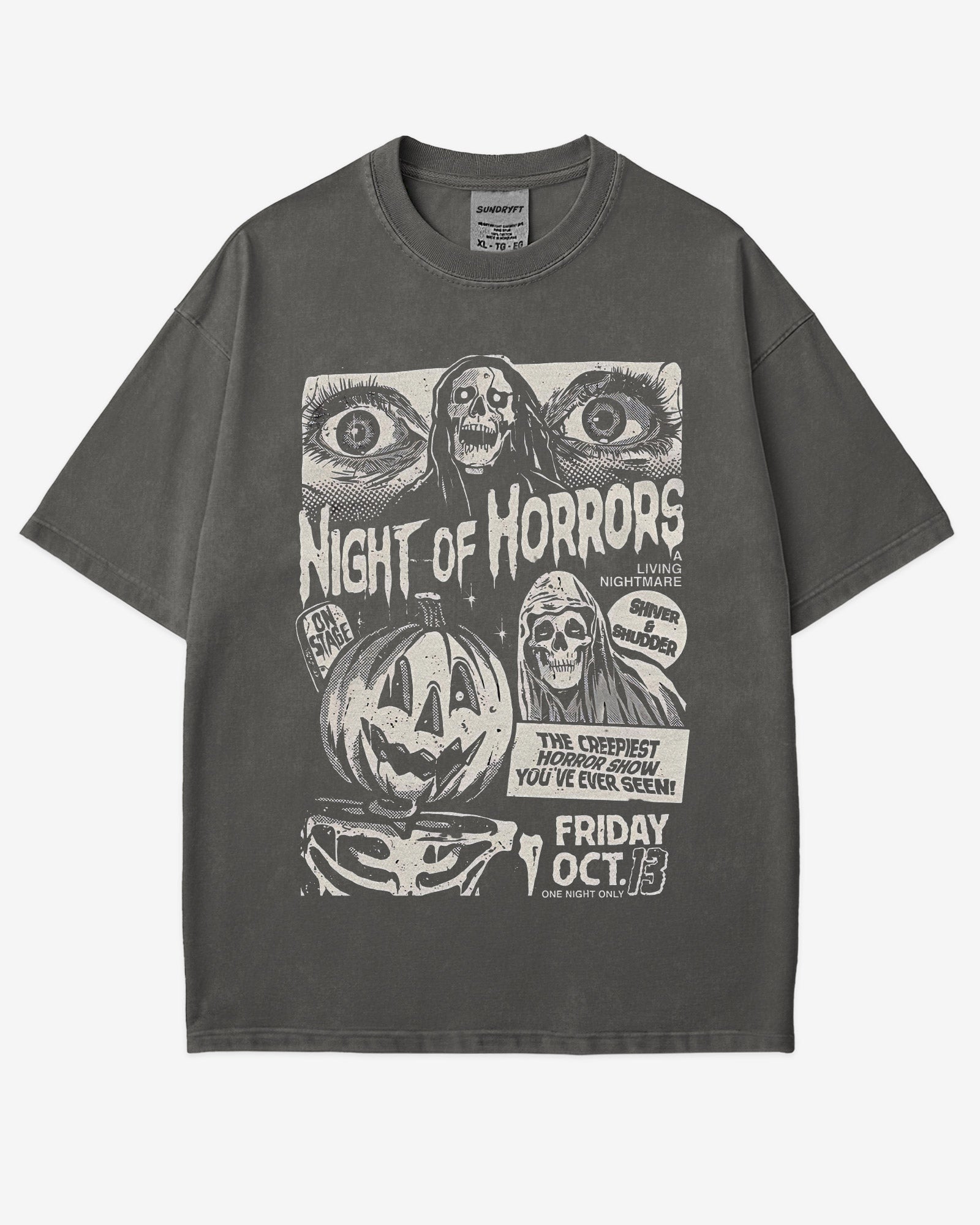 Night of Horrors Shirt in pepper – retro Halloween graphic tee with creepy horror show design, unisex cotton spooky outfit