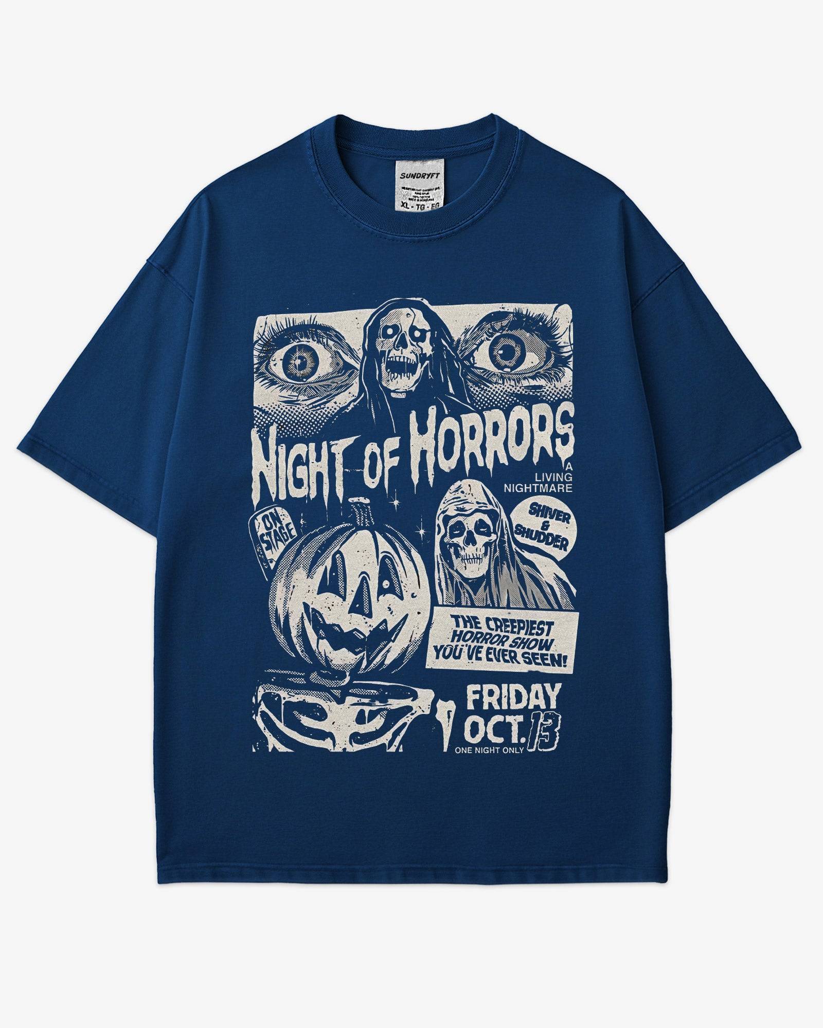 Night of Horrors Shirt in true navy – retro Halloween graphic tee with creepy horror show design, unisex cotton spooky outfit