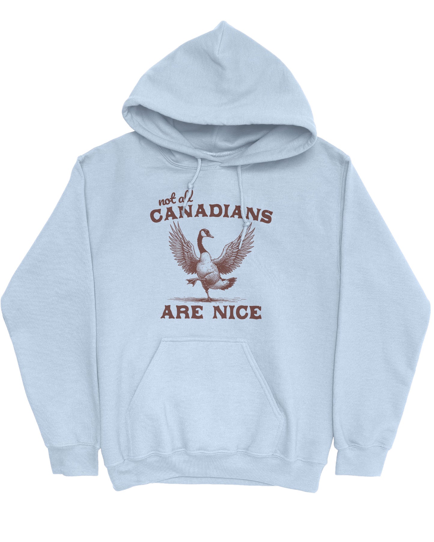 Flat lay light blue 'Not All Canadians Are Nice' hoodie featuring a funny canadian goose retro graphic.