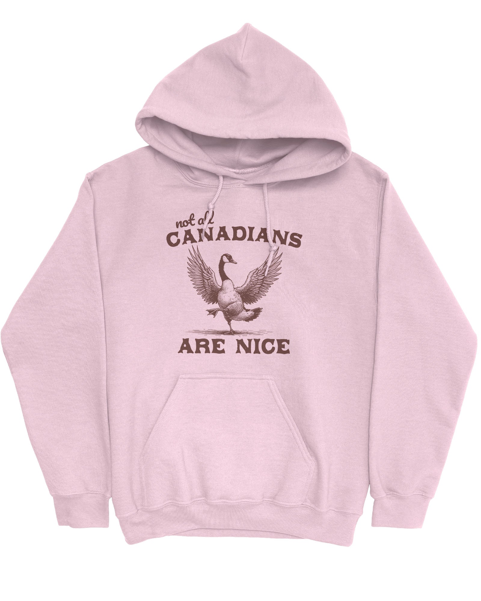 Flat lay light pink 'Not All Canadians Are Nice' hoodie featuring a funny canadian goose retro graphic.