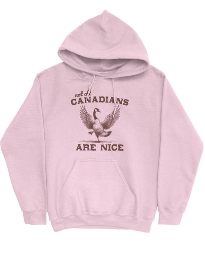 Flat lay light pink 'Not All Canadians Are Nice' hoodie featuring a funny canadian goose retro graphic.